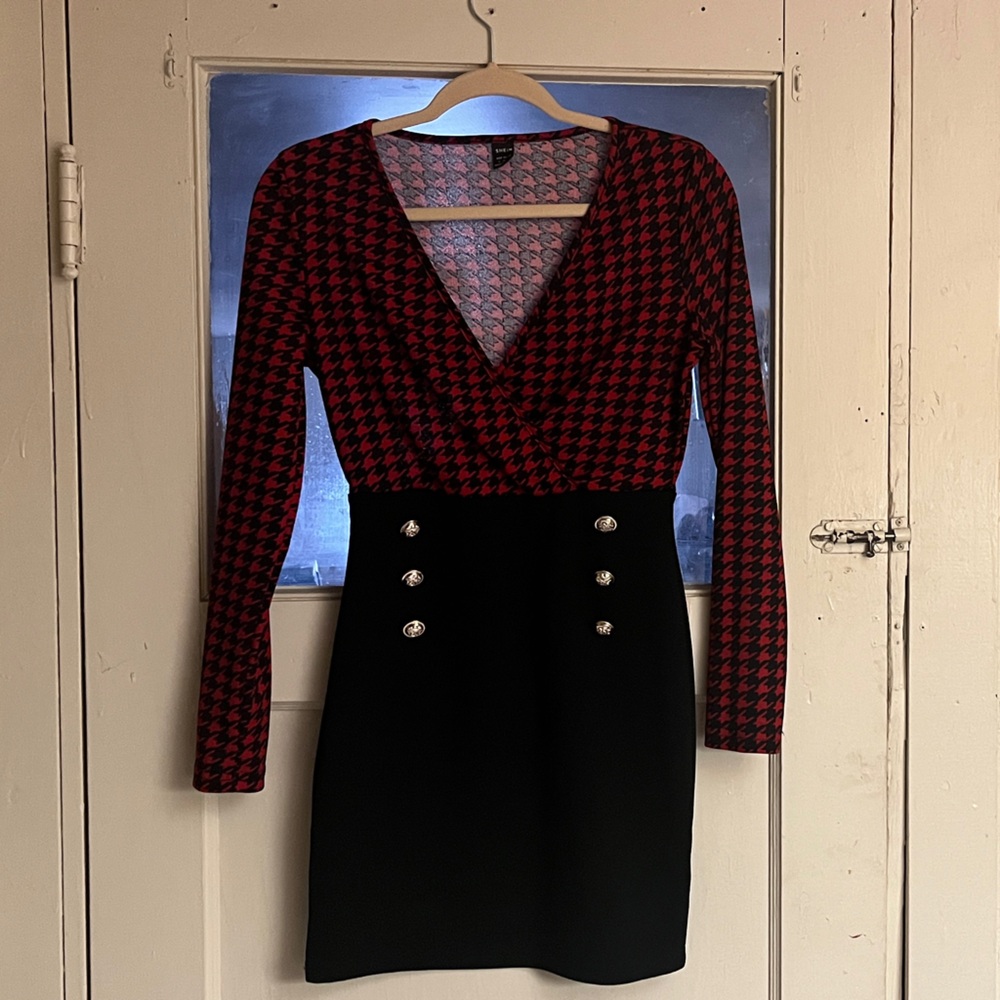 SHEIN Red and Black Long Sleeve Dress